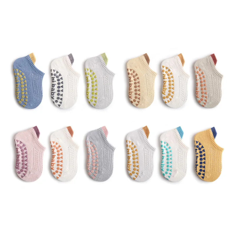 Baby Cotton Socks (3 Pairs) – Thin, Breathable & Safe Non-Slip Design