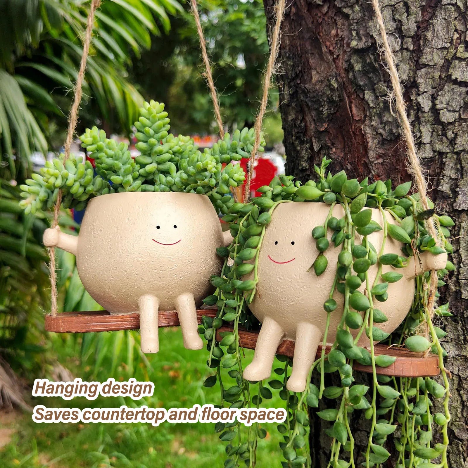 Swing Smile Face Flower Pot Resin Hanging Planter with Rope Lovely Succulent Pot for Home Garden Decor