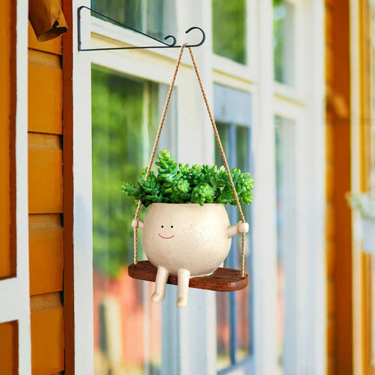Swing Smile Face Flower Pot Resin Hanging Planter with Rope Lovely Succulent Pot for Home Garden Decor
